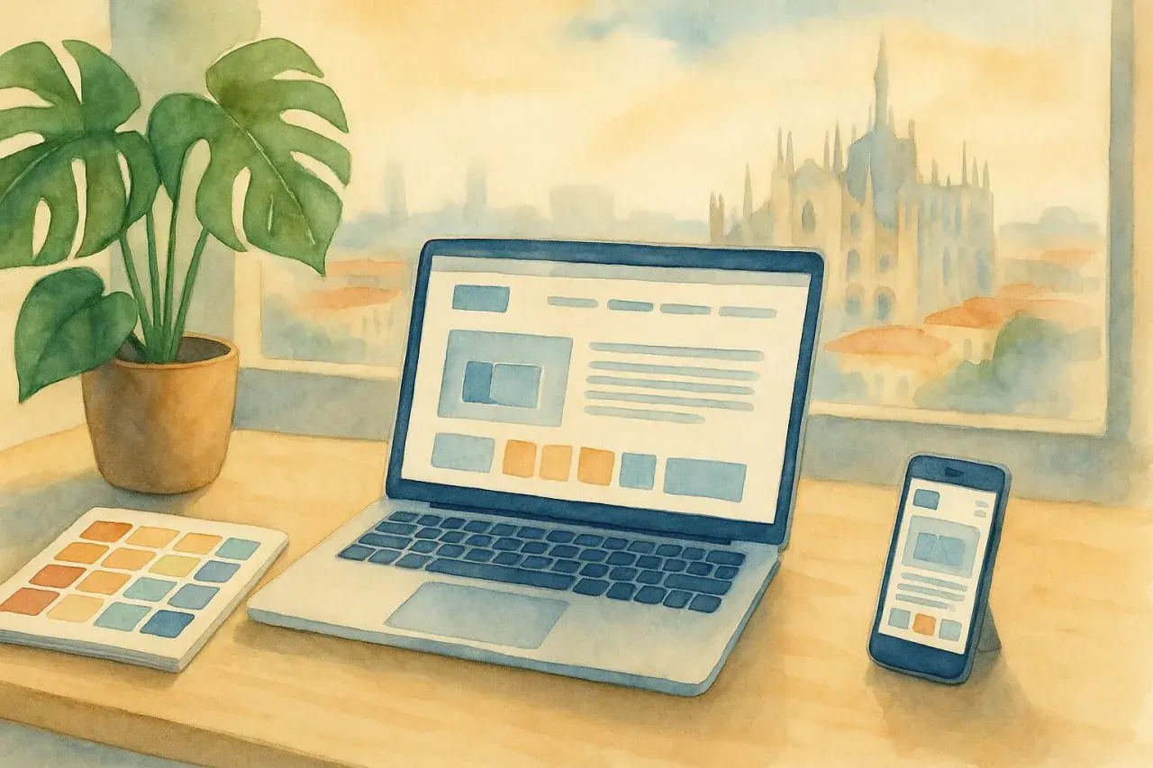 Postazione di lavoro con laptop, telefono, campionario colori e pianta, vista su Milano. Ideale per design services.