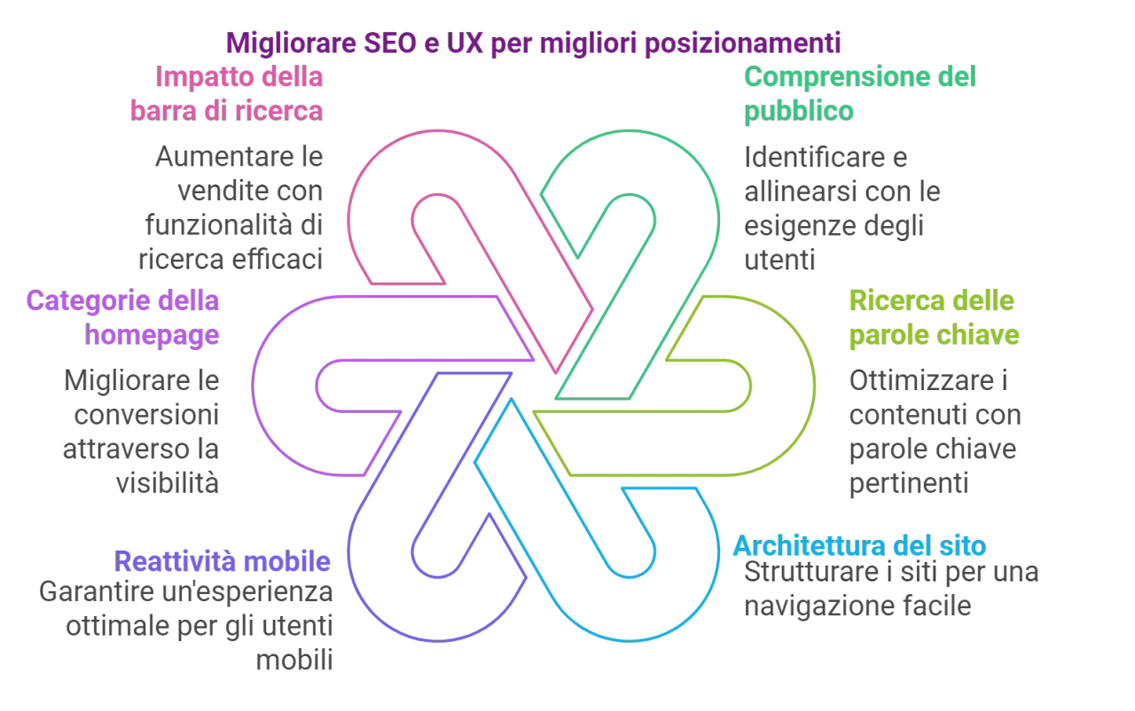Schema su come migliorare la user experience sito web: SEO, ricerca, pubblico, parole chiave, architettura, mobile.