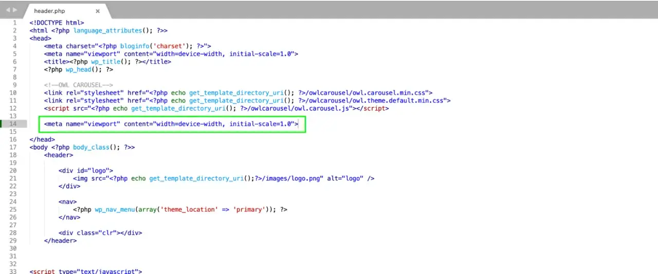 Codice PHP per un template HTML responsive, con meta tag viewport e inclusione di script per Owl Carousel.