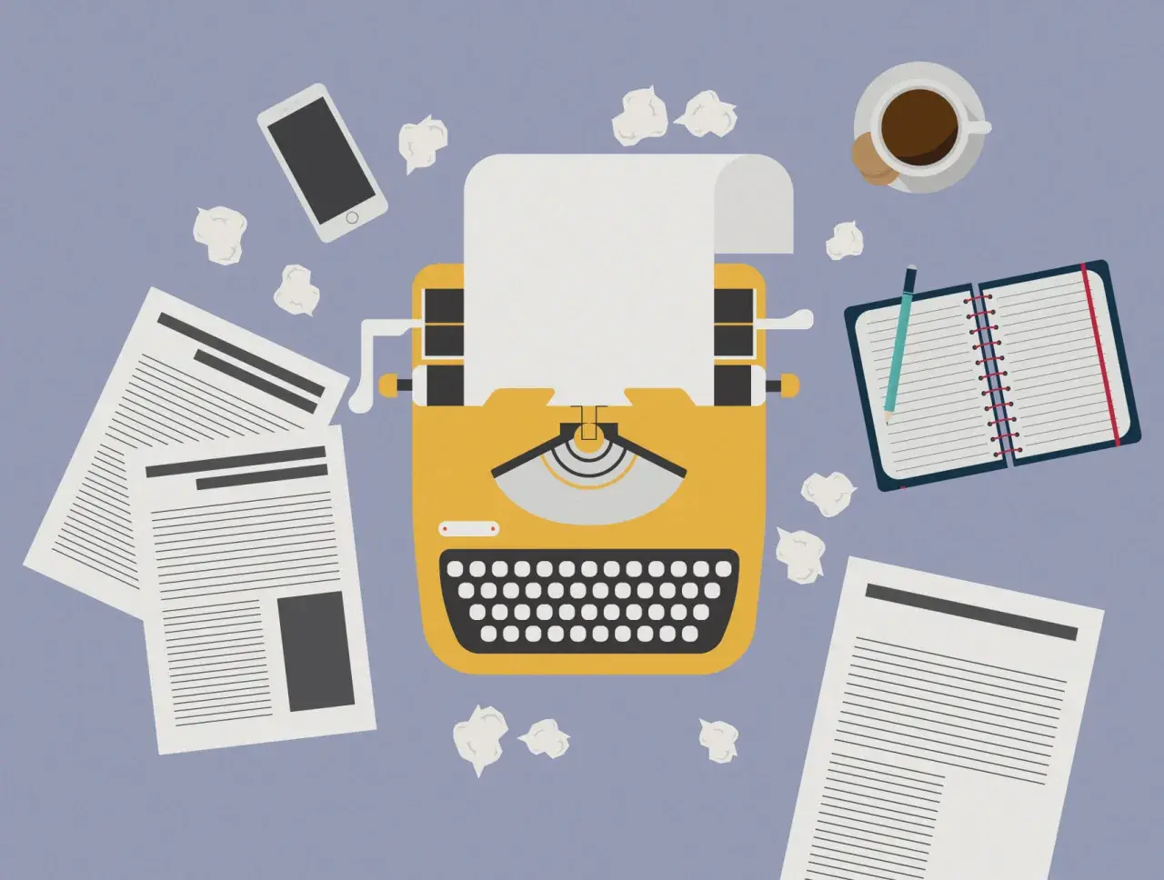 Macchina da scrivere gialla, fogli, smartphone, taccuino e caffè. Un invito a essere creativi, anche quando le idee sembrano finite.