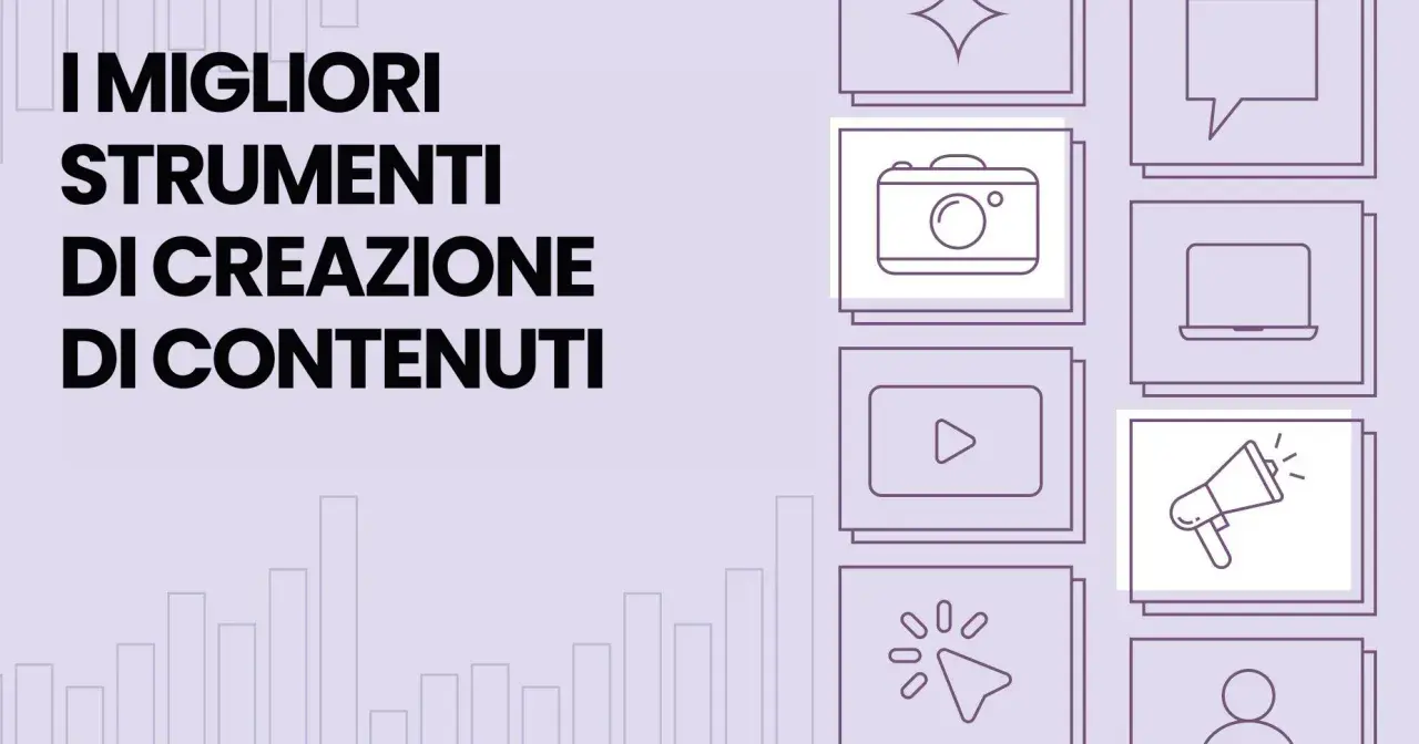 I Migliori Strumenti di Creazione Contenuti: icone di fotocamera, video, megafono e altro per la tua strategia digitale.