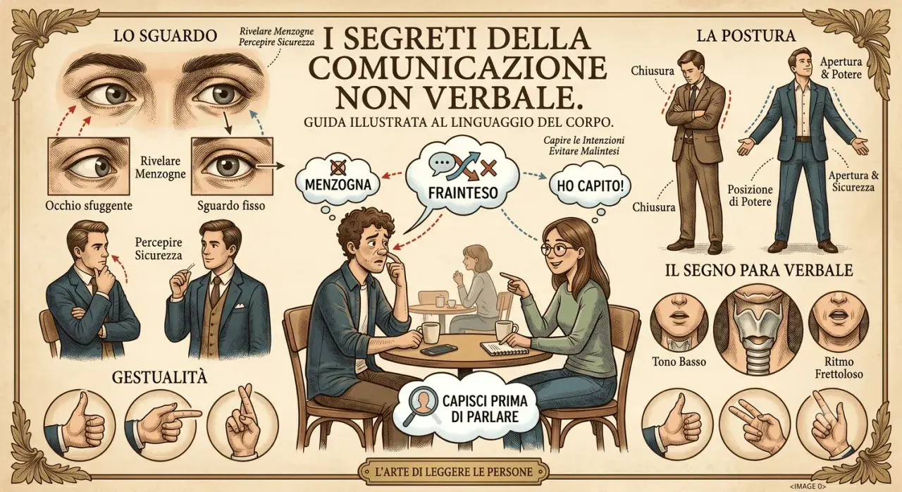 Guida illustrata ai segreti della comunicazione non verbale: sguardo, postura, gestualità e paraverbale per capire le persone prima di parlare.