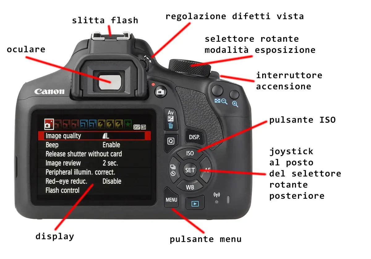 Il display mostra le impostazioni di una macchina fotografica: qualità immagine, beep, revisione immagine. Si impara come funziona la macchina fotografica esplorando i pulsanti.