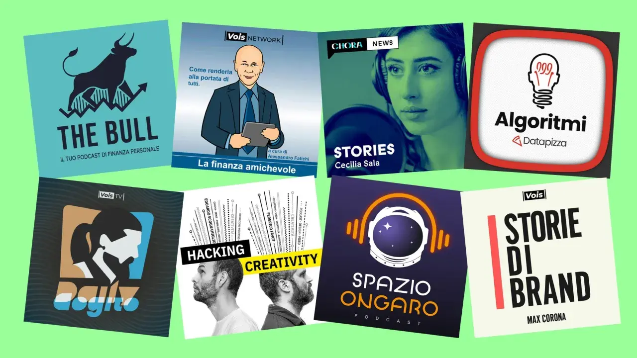Copertine di podcast italiani: "The Bull", "La finanza amichevole", "Stories", "Algoritmi", "Hacking Creativity", "Spazio Ongaro", "Storie di Brand".