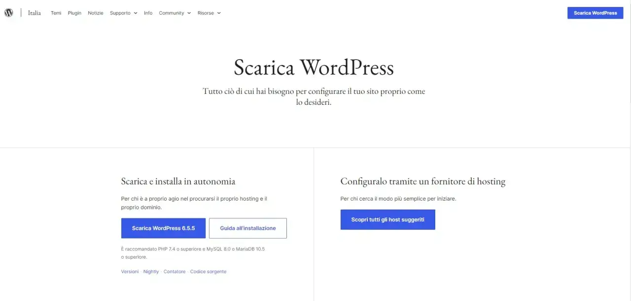 Pagina di download di WordPress. Opzioni per scaricare e installare autonomamente o configurare tramite hosting. Utile per capire cos'è un servizio FTP per il caricamento dei file.