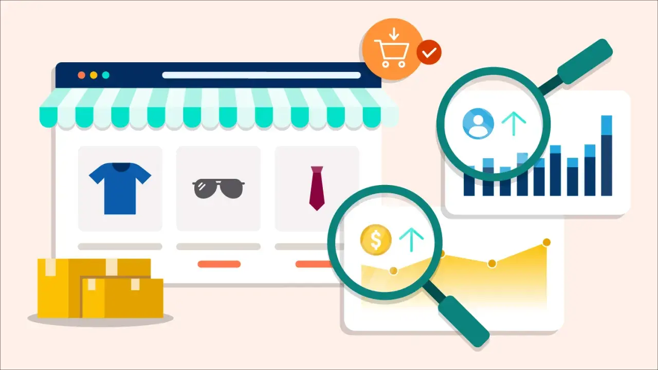 Un negozio online con prodotti, scatole, grafici e lenti d'ingrandimento che analizzano dati. Strumenti per il web per monitorare vendite e utenti.