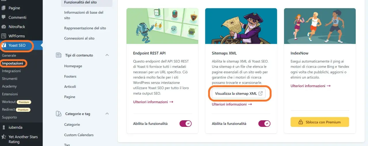 Impostazioni di Yoast SEO: Sitemaps XML per aiutare i motori di ricerca a trovare le tue pagine. Utile per accorciare i link e migliorare la visibilità.
