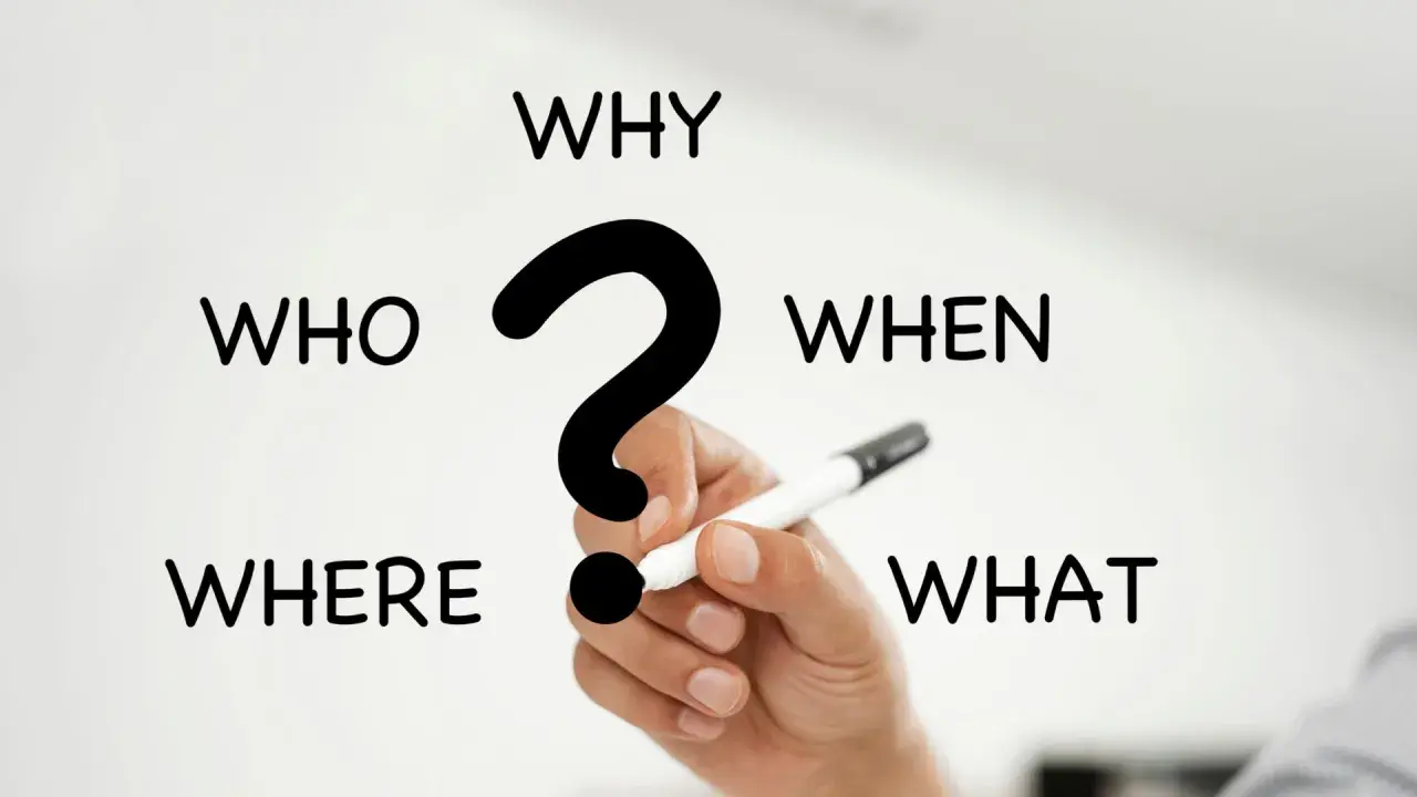 I 5 W del giornalismo: Who, What, When, Where, Why. Una mano tiene una penna, pronta a rispondere alle domande fondamentali.