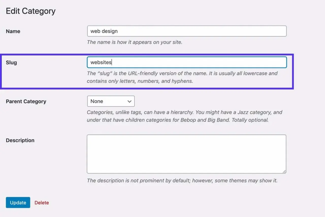 Modifica categoria: "web design" con slug "websites". L'acronimo URL è "websites".