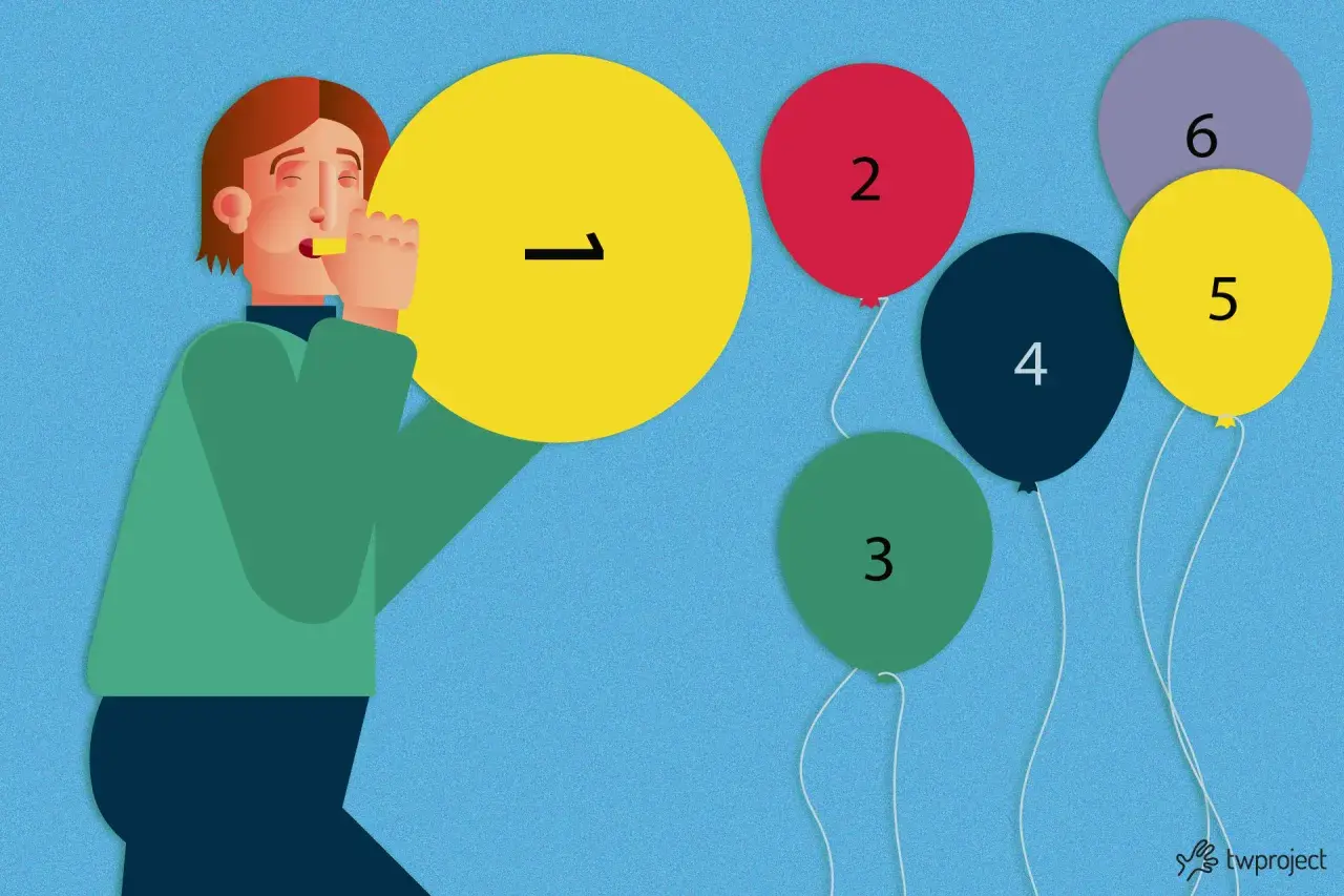 Persona che soffia in un megafono giallo con il numero 1, mentre palloncini numerati da 2 a 6 fluttuano. Un modo visivo per capire come presentare un progetto.