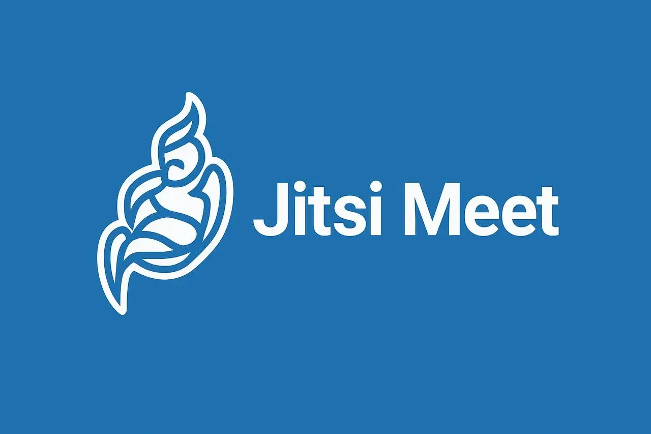 Logo bianco su sfondo blu con testo "Jitsi Meet".