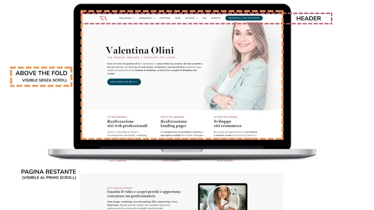 Il sito web mostra un header con navigazione e logo. Le dimensioni dell'header sono pensate per un'ottima visualizzazione.