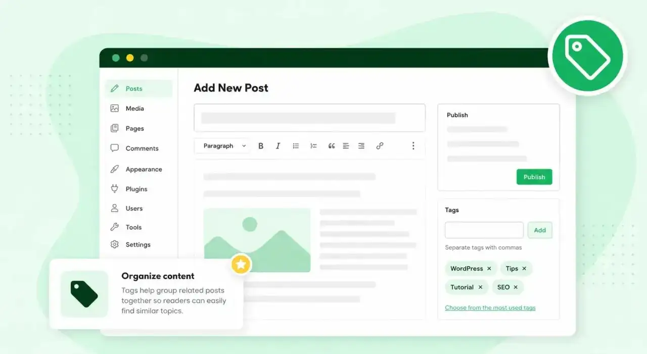 Interfaccia di WordPress per aggiungere un nuovo post, con opzioni per il contenuto, la pubblicazione e l'aggiunta di tag come "WordPress", "SEO" per organizzare i contenuti.