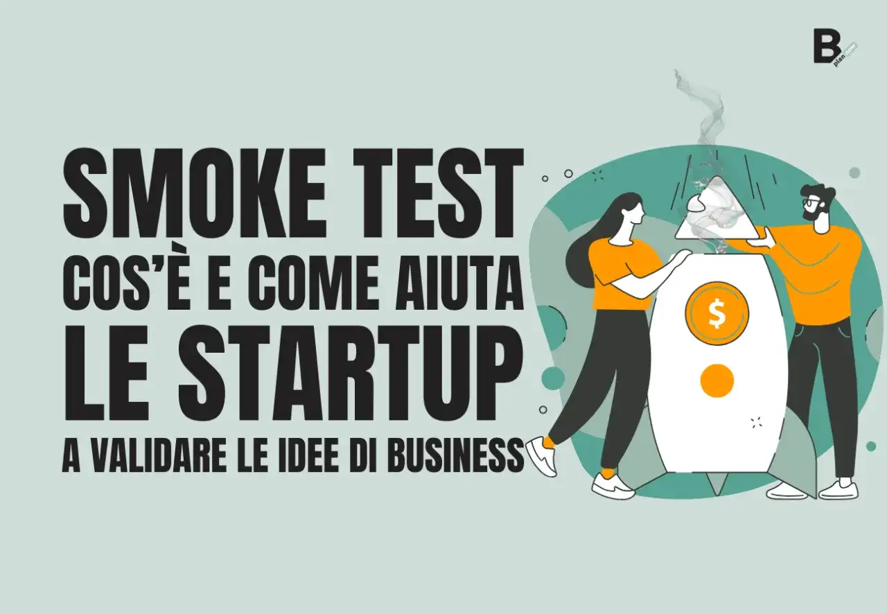 Startup validano idee con concept testing. Due persone inseriscono un puzzle fumante in un razzo con simbolo del dollaro.