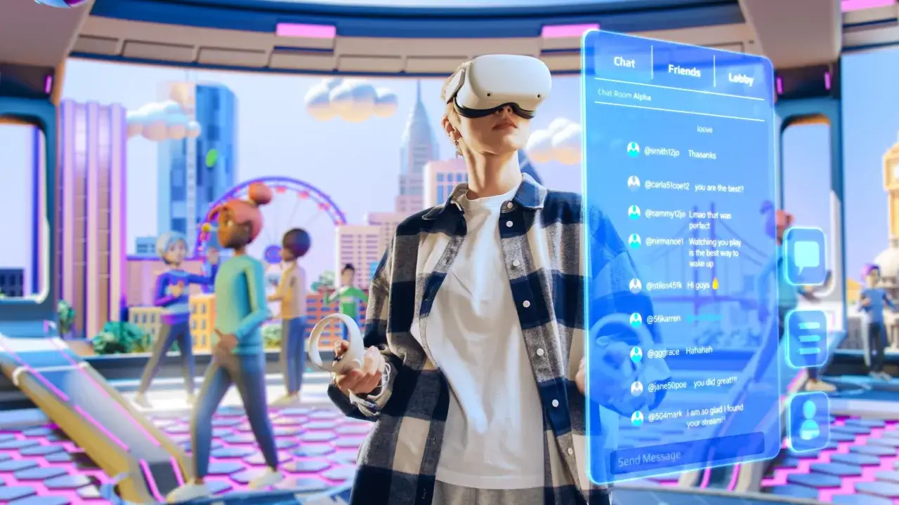 Ragazza con visore VR interagisce in un metaverso esempio, con avatar e chat virtuali.