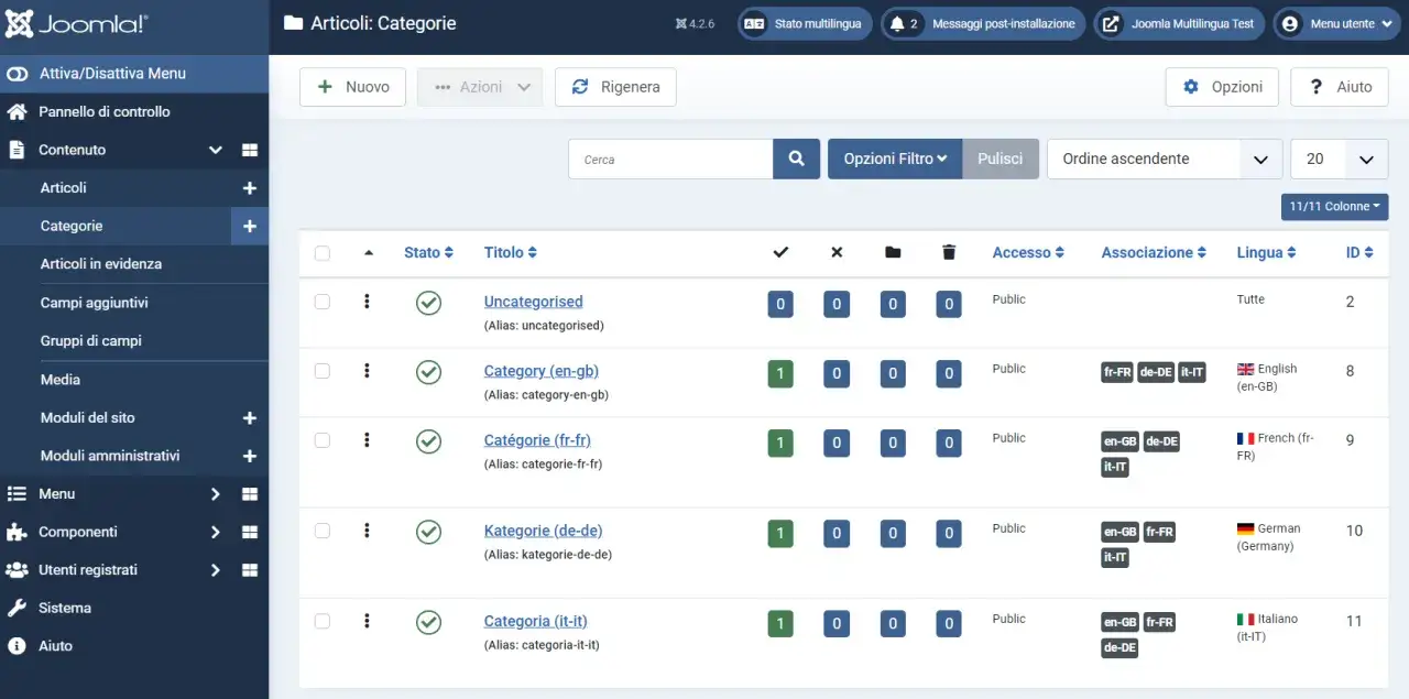 Gestione categorie per Joomla siti web. Interfaccia per organizzare contenuti, con opzioni multilingua e gestione articoli.