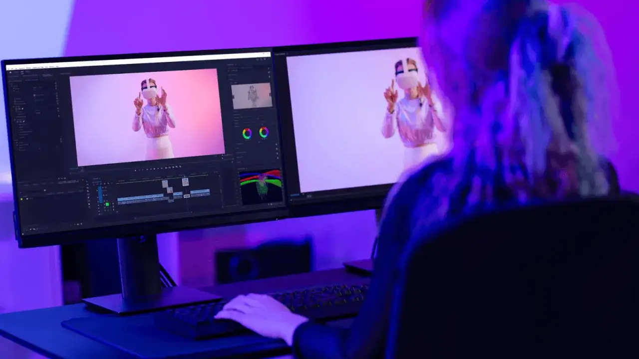 Persona lavora al motion design, modificando video con una ragazza in VR su due schermi.