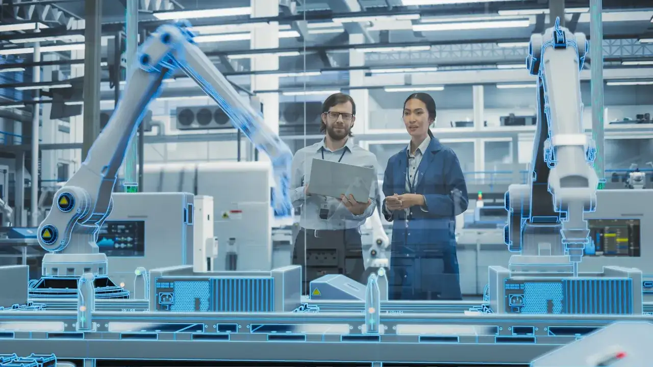 Uomini e donne in una fabbrica moderna, con bracci robotici e un display olografico che illustra cos'è l'industria 4.0.