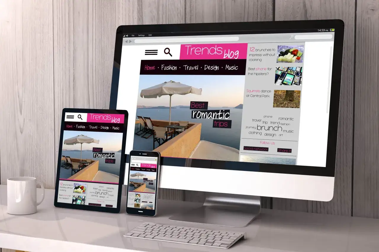 Un sito web di tendenza, con un design template html responsive, visualizzato su computer, tablet e smartphone.