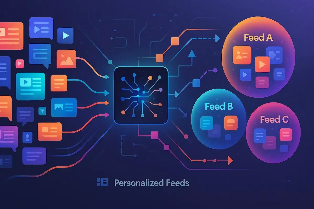 Un algoritmo personalizza i contenuti, creando filter bubbles distinte (Feed A, B, C) da un flusso di informazioni eterogeneo.