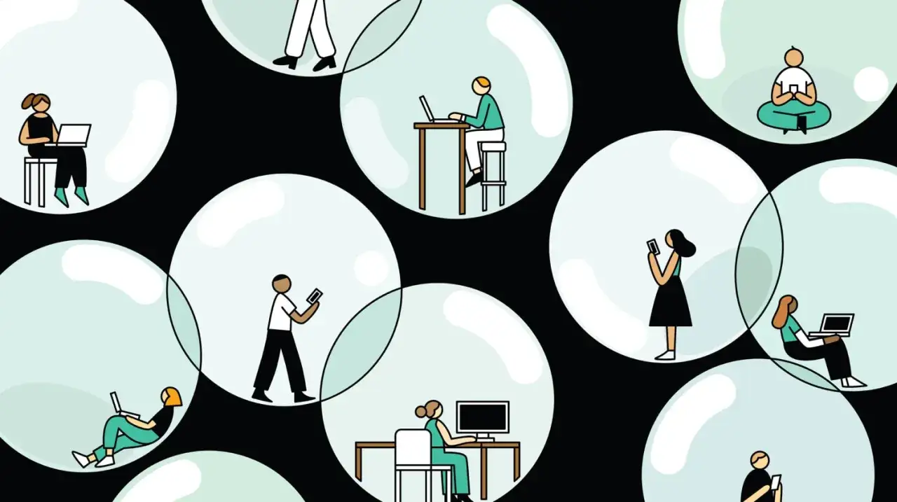 Persone isolate in bolle trasparenti, ognuna con un dispositivo. Illustra il concetto di