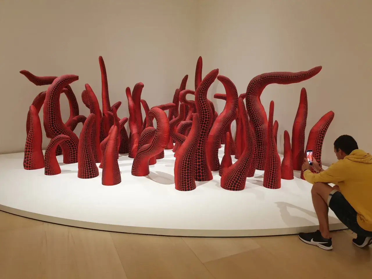 Un uomo, Nicolas Ballario, fotografa un'installazione di sculture rosse a pois neri, che ricordano tentacoli.