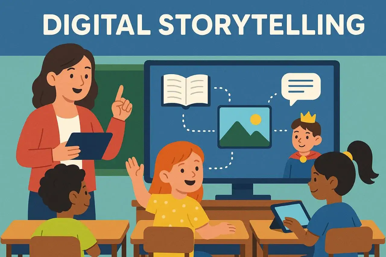 Insegnante guida bambini in un'aula per il storytelling digitale. Immagini e testo sullo schermo mostrano come creare storie.