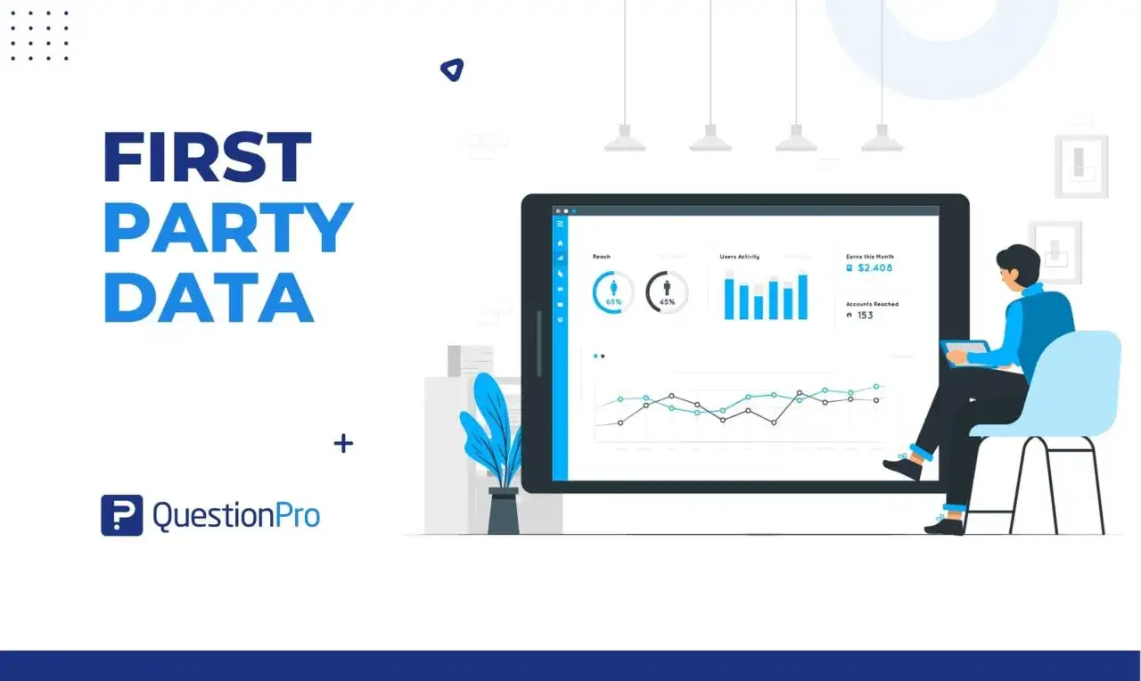 Analisi di first party data su tablet, con grafici di reach, attivit&agrave; utenti e guadagni. Un uomo siede e osserva i dati.