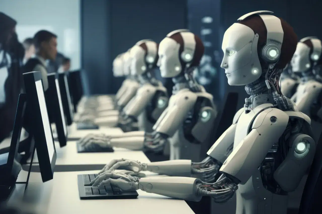Jacopo Perfetti osserva una fila di robot che digitano al computer, un futuro di lavoro automatizzato.
