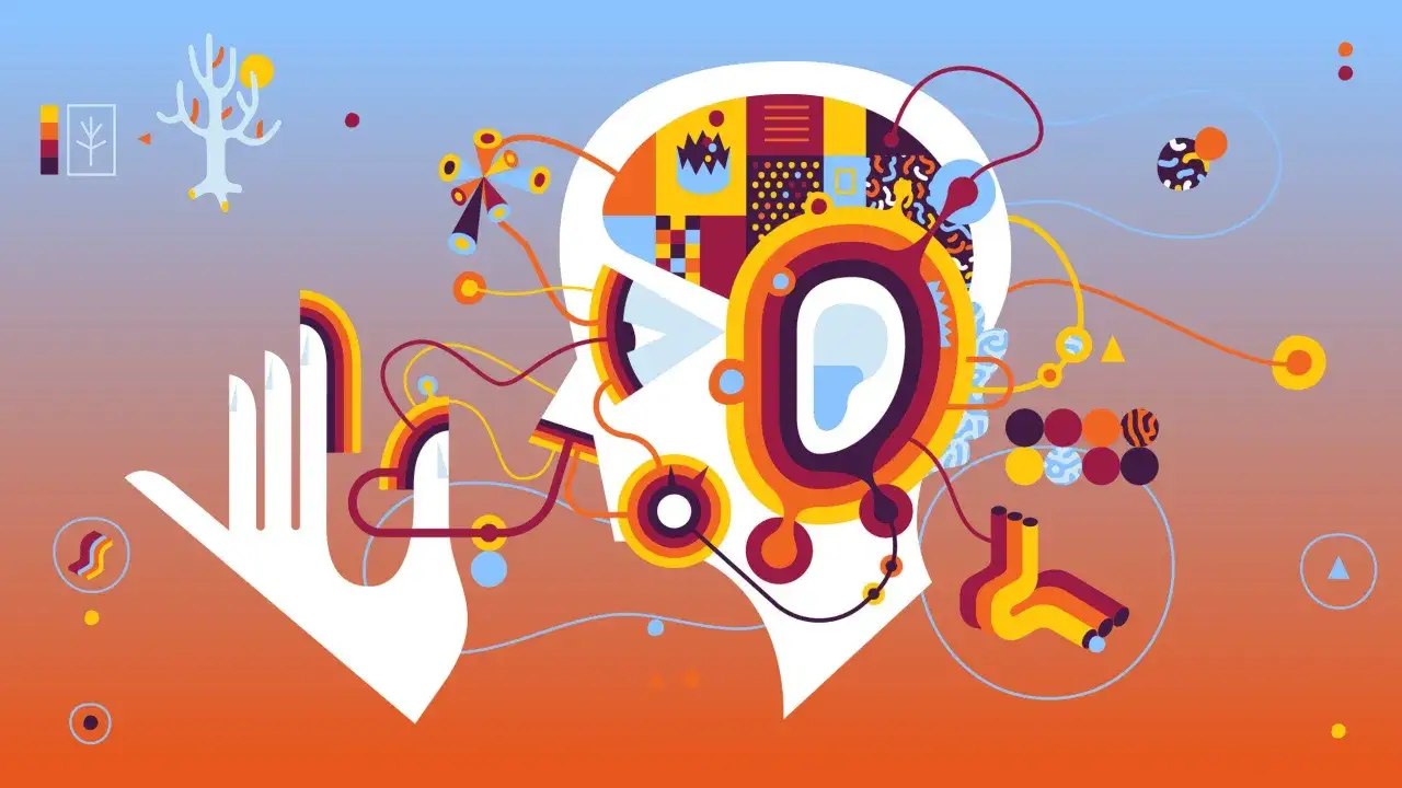 Un cervello stilizzato con connessioni colorate, che evoca il sinestesia significato e la percezione sensoriale.