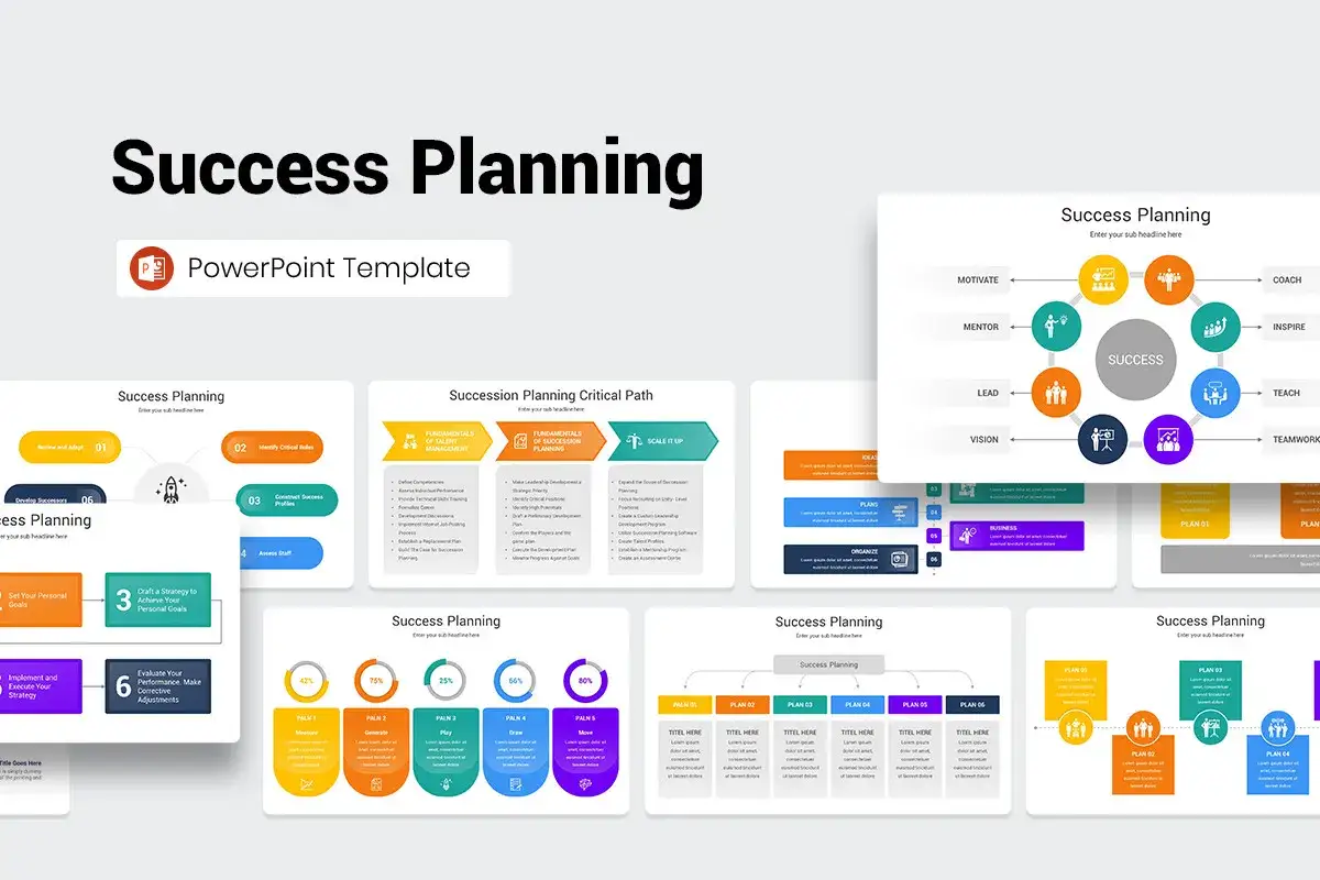Modelli PowerPoint per presentare un progetto di successo, con diagrammi di flusso, cerchi di pianificazione e grafici di progressione.