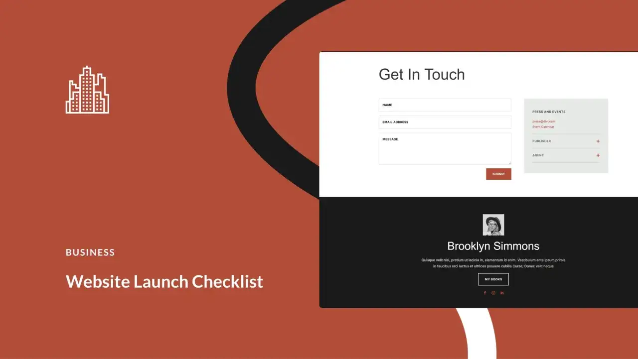 Checklist per come mettere online un sito: modulo contatti, informazioni stampa e biografia autore.