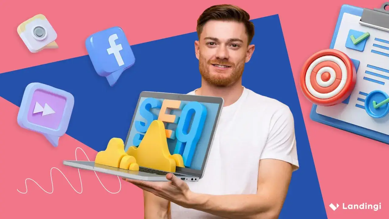 Uomo con laptop che mostra SEO, icone social e obiettivi per la digital advertising.