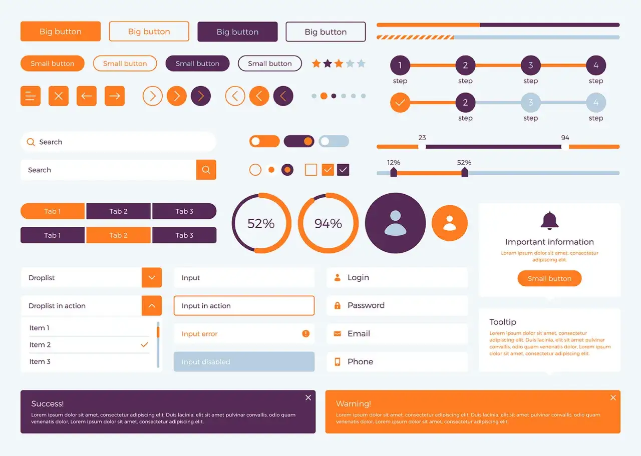 Elementi di un grafico web: pulsanti, barre di avanzamento, campi di input, schede e notifiche.