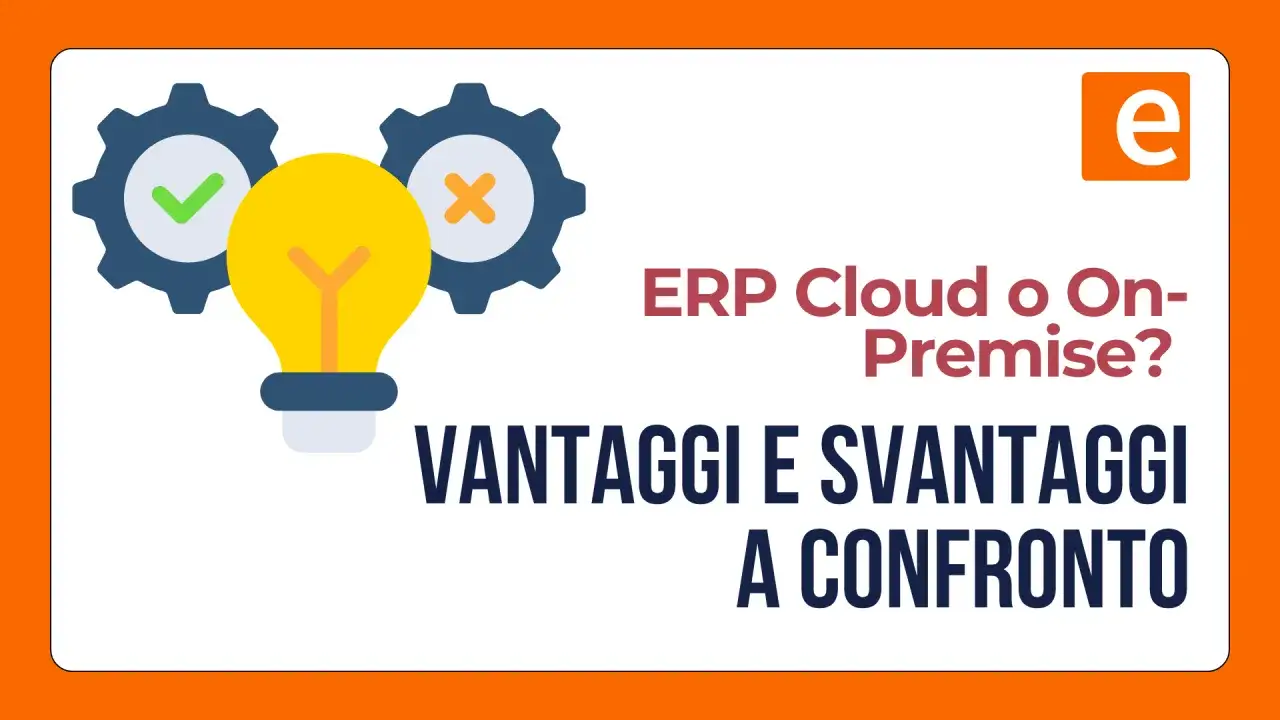 Confronto vantaggi e svantaggi tra ERP Cloud e On-Premise. Icone di ingranaggi con spunta e croce, lampadina.