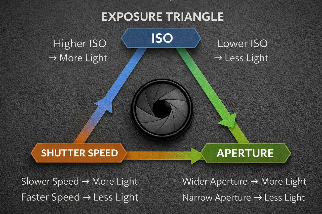 Triangolo dell'esposizione: ISO, tempi di scatto e apertura definiscono come funziona la macchina fotografica. Più luce con ISO alto, tempi lenti o apertura ampia.