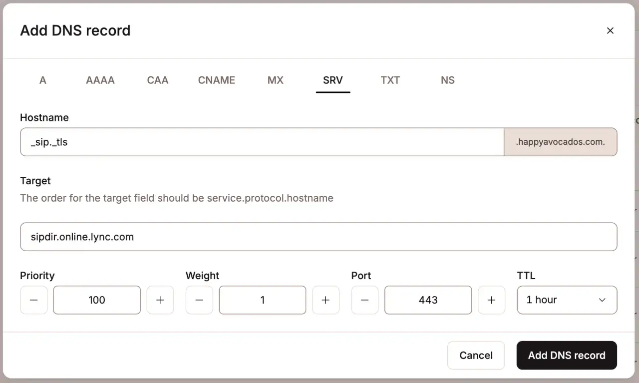 Interfaccia per record SRV: hostname _sip._tls, target sipdir.online.lync.com, priorità 100, peso 1, porta 443, TTL 1 ora.