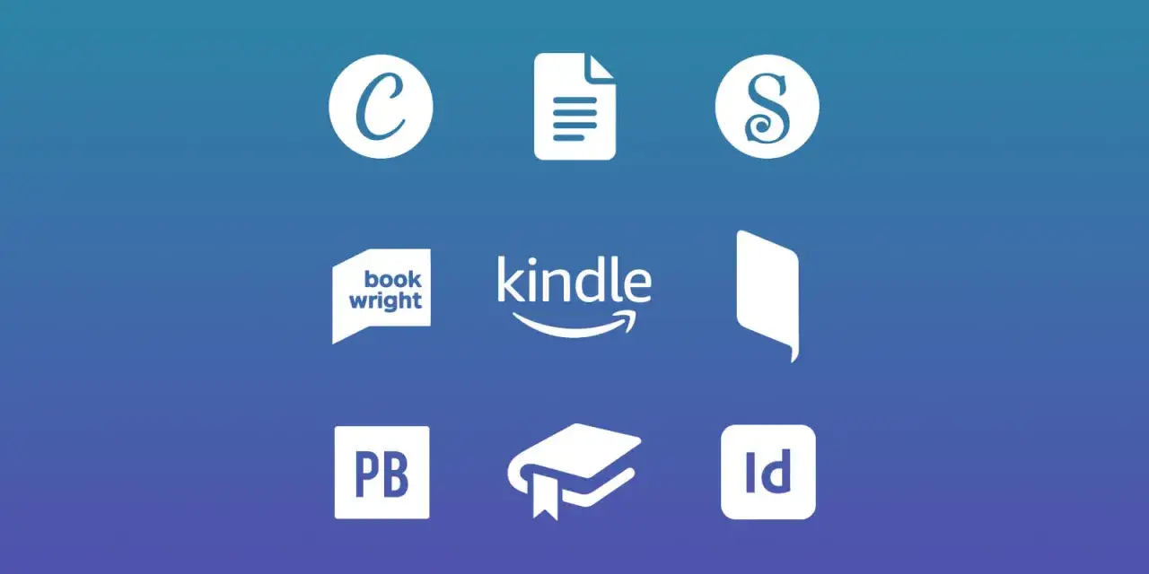Loghi di software per la creazione di libri digitali, tra cui Kindle, Bookwright e un'icona che ricorda uno scriba per creare un scriba epub.
