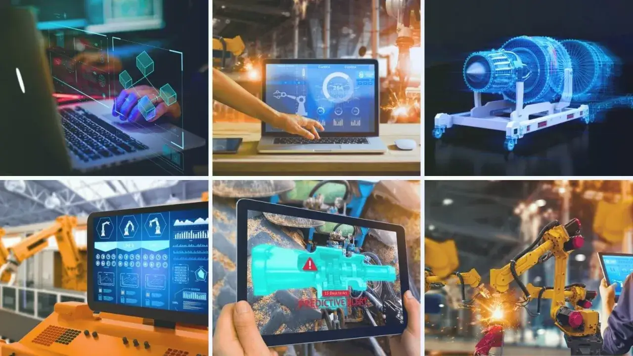 Interfacce digitali e ologrammi mostrano il gemello digitale di motori e macchinari, per manutenzione predittiva e controllo.