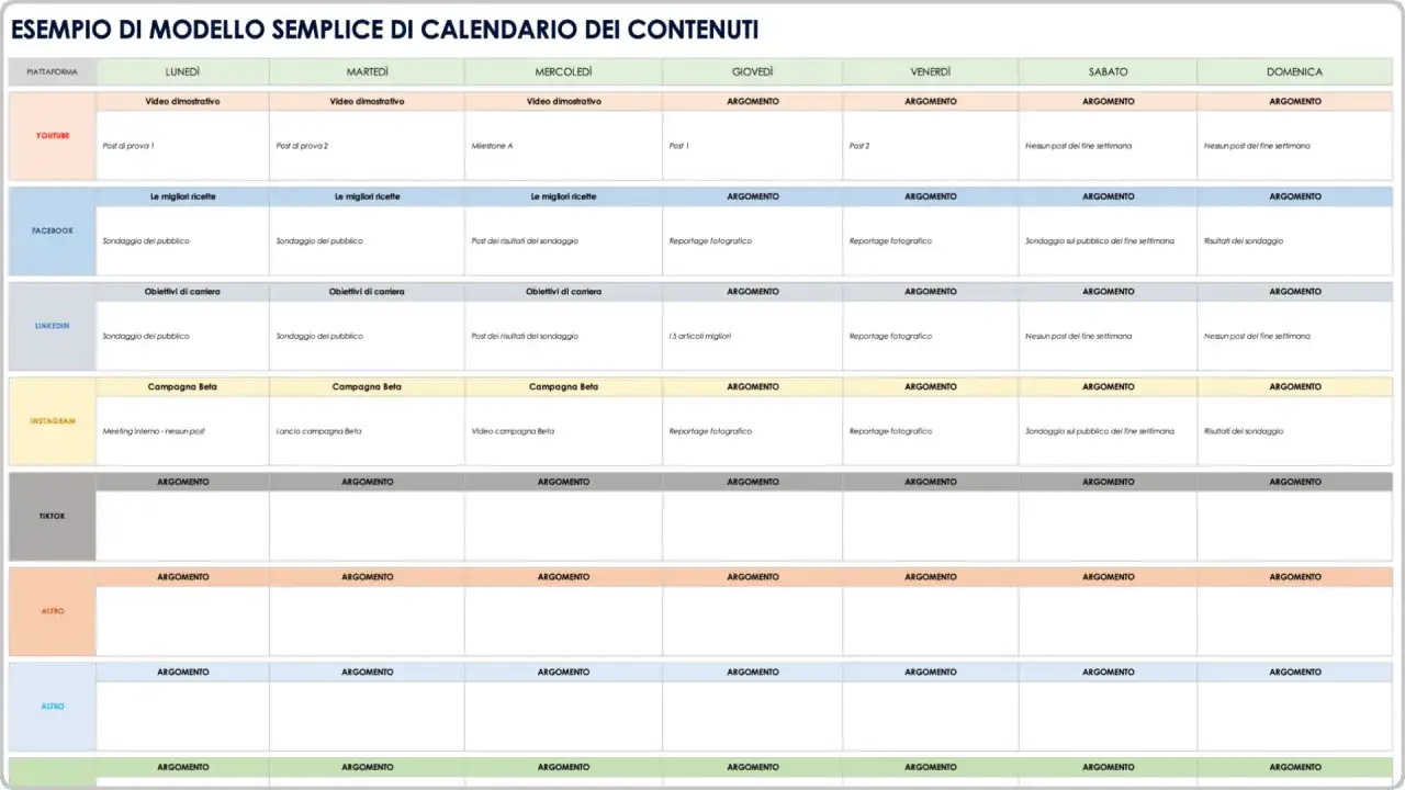 Calendario contenuti per un progetto editoriale: pianifica post, sondaggi e reportage su YouTube, Facebook, LinkedIn, Instagram e TikTok.