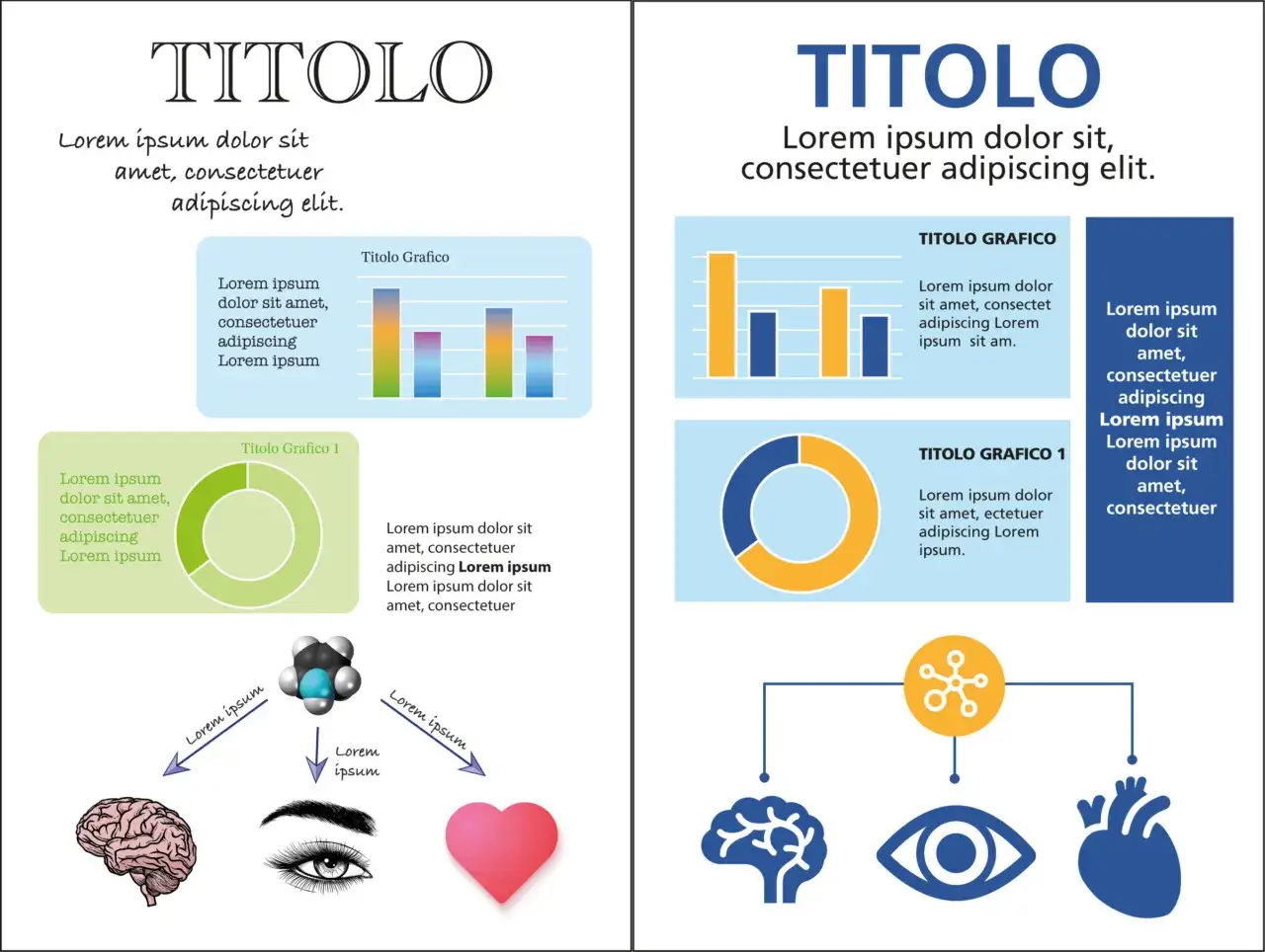 Grafici e schemi illustrano un corso di retorica, con elementi visivi come cervello, occhio e cuore collegati.