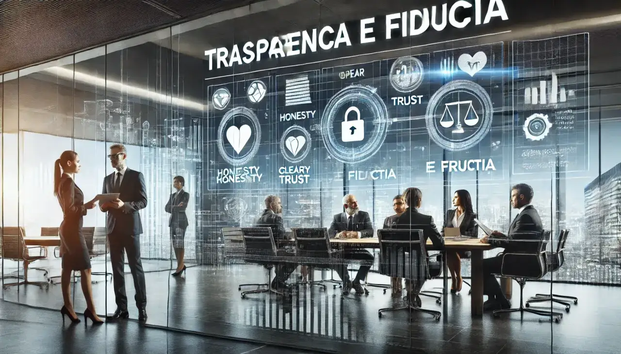 Ufficio moderno con persone in abiti eleganti che discutono davanti a uno schermo olografico che mostra concetti chiave per la comunicazione corporate: trasparenza, onestà, fiducia.
