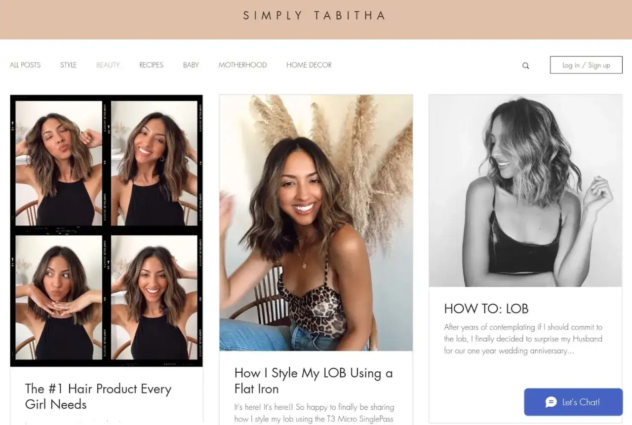 Pagina principale di un blog di moda e lifestyle, con foto di una donna e articoli su capelli e stile. Tra i blog più famosi.