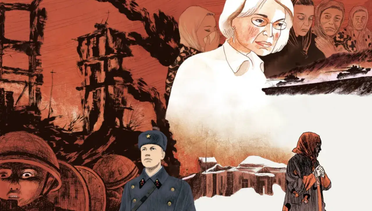 Illustrazione di graphic journalism: volti di donne, un soldato, macerie e carri armati evocano un racconto di guerra e resilienza.