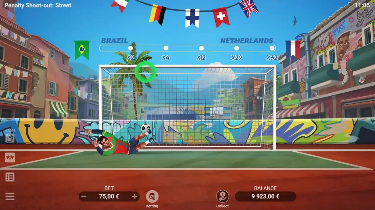 Penalty Shoot-out: Street di Evoplay. Un portiere si tuffa mentre il gioco mostra "Estrategia y azar en Penalty Shoot Out de Evoplay: qué es real".