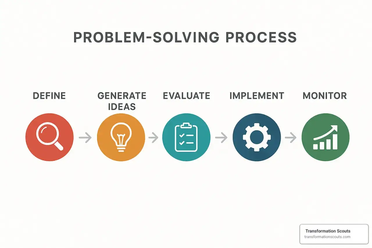 Il processo di problem solving significato: definire, generare idee, valutare, implementare e monitorare.