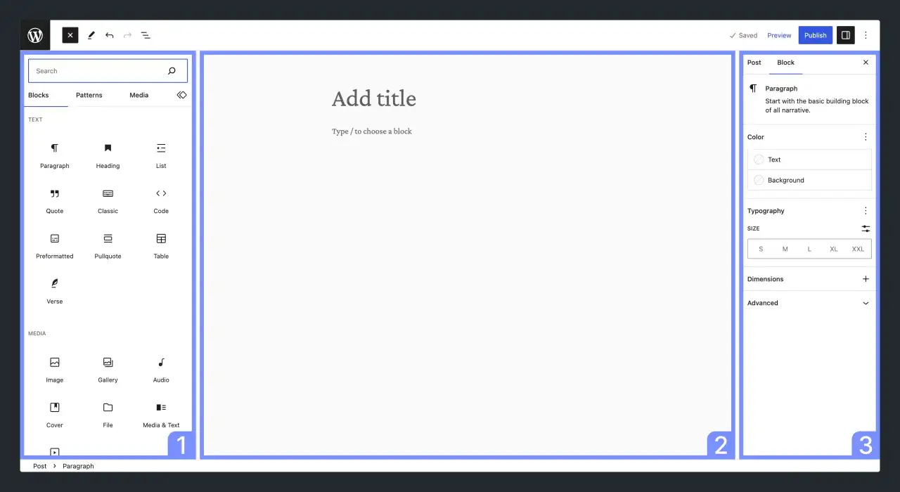 Interfaccia di WordPress per creare siti, con pannello blocchi, area di editing e impostazioni.