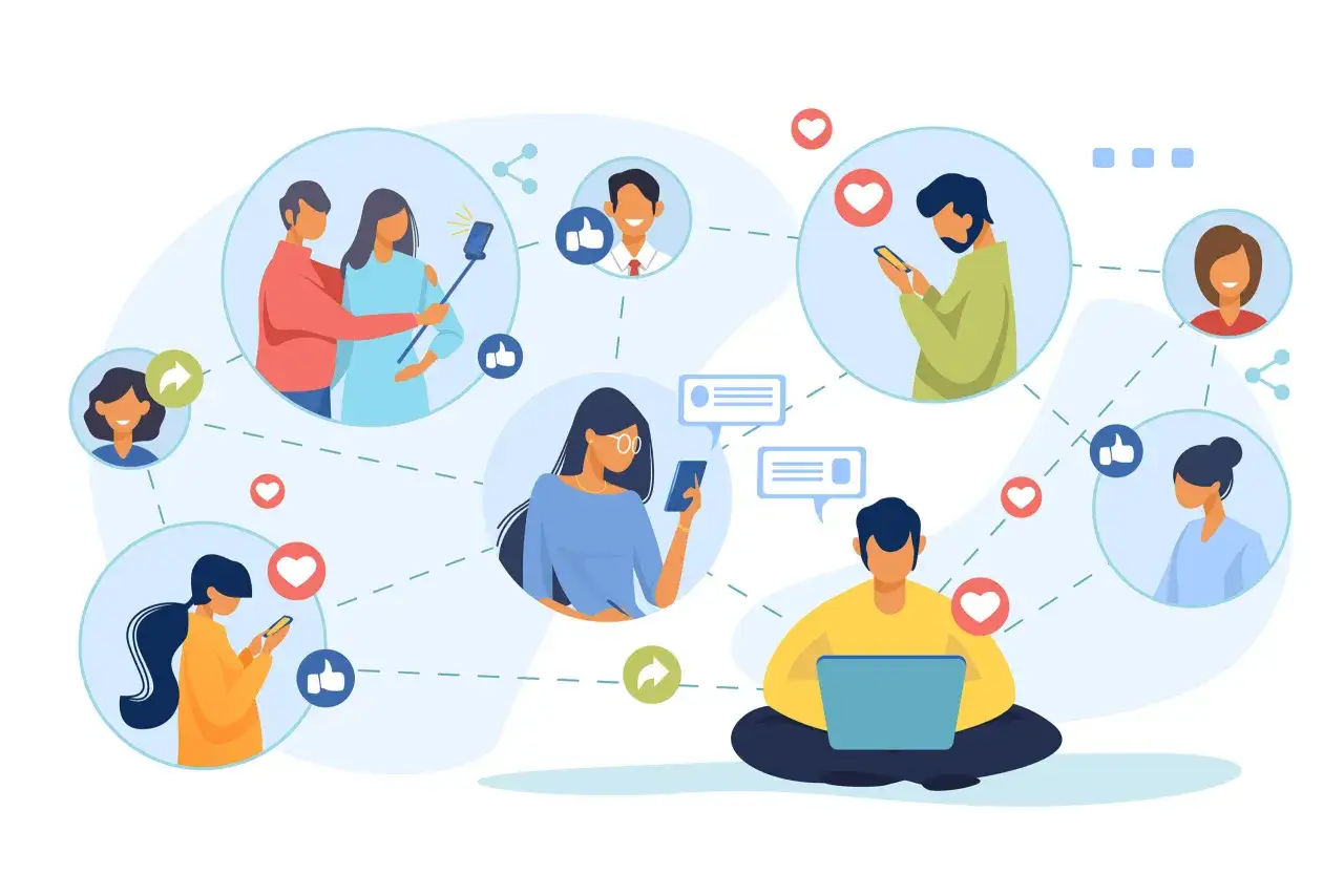 Persone interagiscono sui social media, condividendo contenuti e mostrando apprezzamento. Un esempio di engagement marketing efficace.