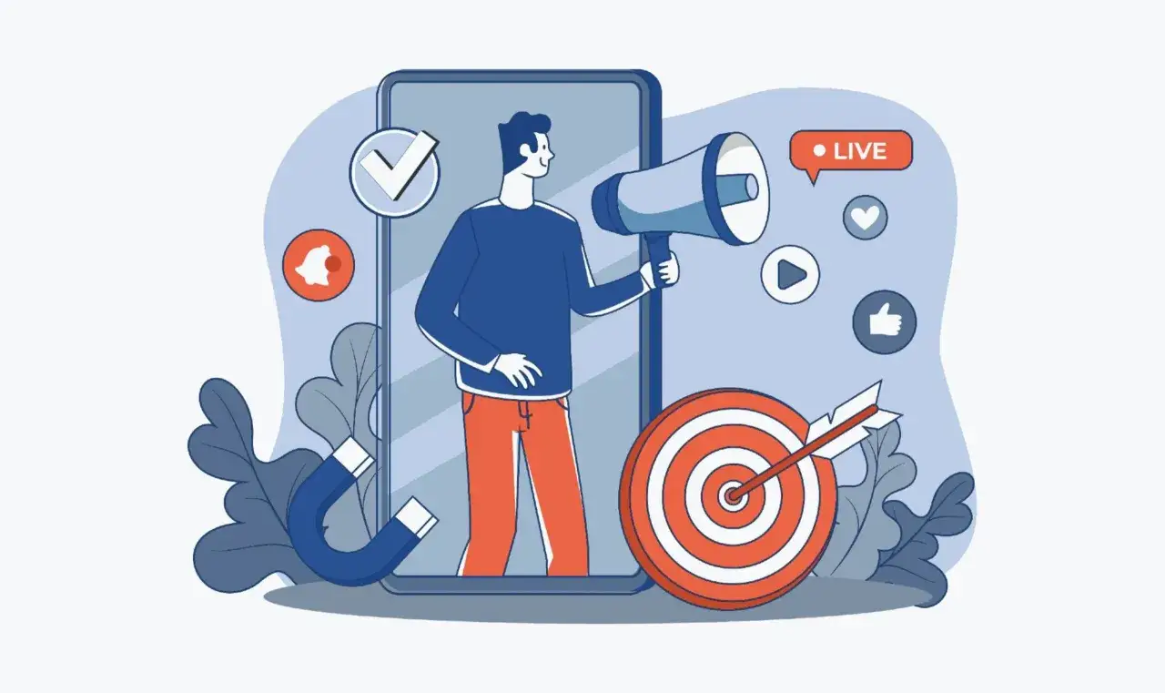 Un uomo con un megafono, simbolo di employee advocacy, punta a un bersaglio. Icone social e un magnete completano la scena.