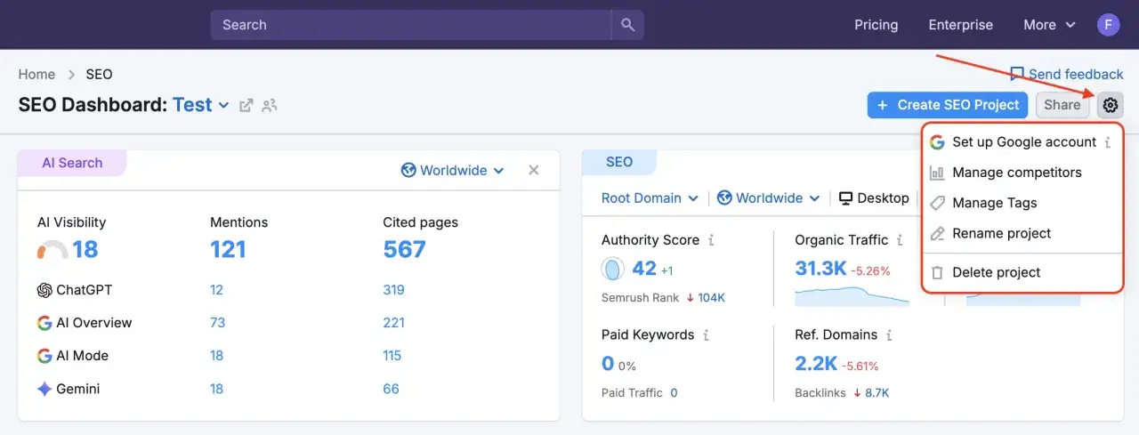 Dashboard SEO con metriche e opzioni per gestire progetti, tra cui